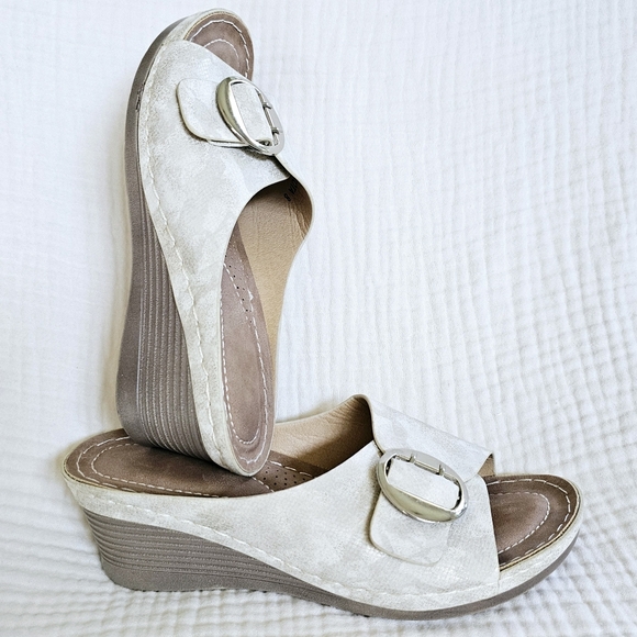 Wedge Mule Sandals, Open Toe with Buckles in Ivory, Size 8 Medium - Picture 8 of 16